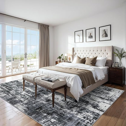 Area Rugs 10x14 Living Room - Washable Rug Modern Abstract Soft Large Neutral Non-Slip Carpet Indoor Floor Thin Carpets for Bedroom Dining Room Farmhouse Nursery Home Office Black