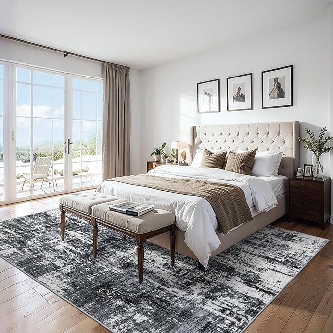 Area Rugs Living Room Rug - 5x7 Washable Modern Abstract Soft Neutral Non-Slip Carpet Large Indoor Floor Thin Carpets for Bedroom Dining Room Farmhouse Nursery Home Office Black