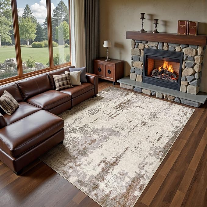 UERMEI 9x12 Area Rug Living Room Rugs - Washable Neutral Modern Abstract Soft Thin Rug Indoor Floor No Slip Rug Carpet for Bedroom Under Dining Table Home Office Decor - Brown/Grey/Beige