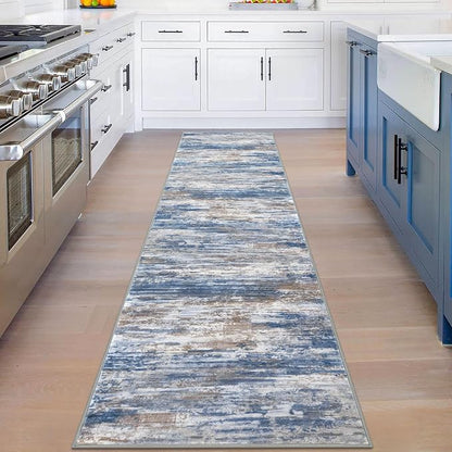 KOZYFLY Modern Abstract Hallway Runner Rug, 2x8 Kitchen Rugs Non-Slip Washable Soft Striped Runner Rugs, Print Blue Rust Carpet Runner for Entryway Bathroom Laundry Room Foyer