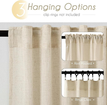 Faux Linen Beige Curtains 98 inches Long for Living Room Rustic Farmhouse Linen Drapes Semi Sheer Burlap Textured Canvas Cloth Curtain Panels Set of 2 Kahki Tan Colored