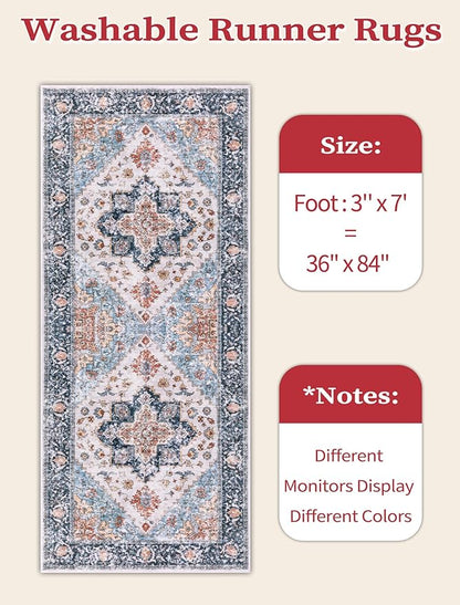 SERISSA Boho Kitchen Runner Rug, 3x7 Washable Non-Slip Runner Rug for Hallways Kitchen Rug, Ultra Soft Vintage Blue Orange Print Distressed Tribal Floor Carpet Runner for Bedroom Entryway Laundry Room