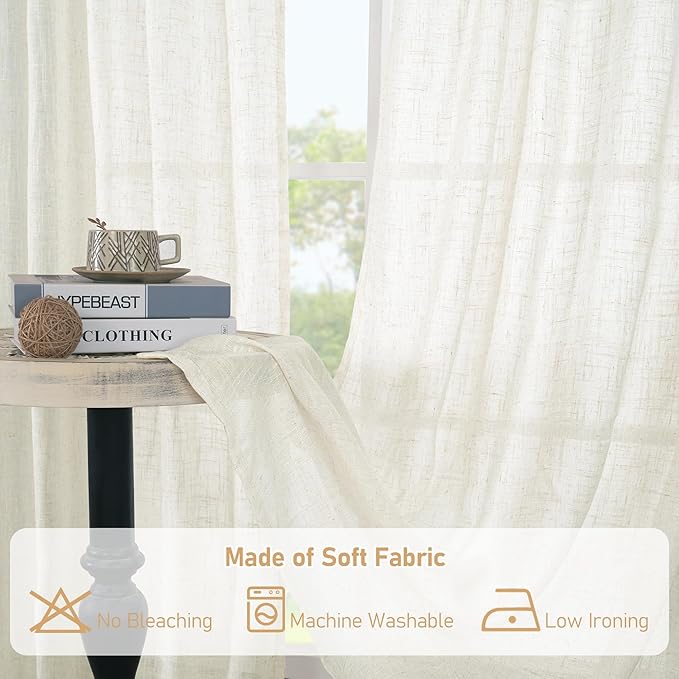 LAMIT Light Filtering Linen Curtains 63 inches Long for Bedroom, Linen Textured Semi Sheer Back Tab and Rod Pocket Boho Drapes for Living Room, Cream, 2 Panels, 60 x 63 Inch