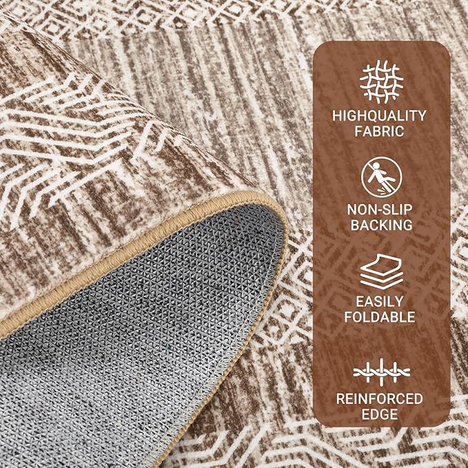 GarveeHome 10x13 Large Washable Geometric Area Rug Non Slip Non Shedding Floor Carpet, Modern Bordered Distressed Brown Indoor Printed Rug for Living Room, Bedroom, Office