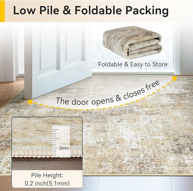 Washable Area Rugs 7'x9' Non-Slip Modern Abstract Soft for Living Room Entryway Bedroom Nursery, Print Pattern, Neutral Brown Gray