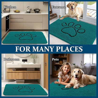 OLANLY Dog Door Mat for Muddy Paws 36x24, Paw Print Design, Absorbs Moisture and Dirt, Absorbent Non-Slip Washable Doormat, Quick Dry Chenille Mud Mat for Dogs, Entry Indoor Entryway Carpet, Lake Blue