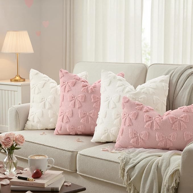 decorUhome Pink Bow Pillow Covers Set of 2 Coquette Aesthetic Cute Preppy Plush Faux Pillowcases for Girly Bedroom or Couch 18x18 Inch