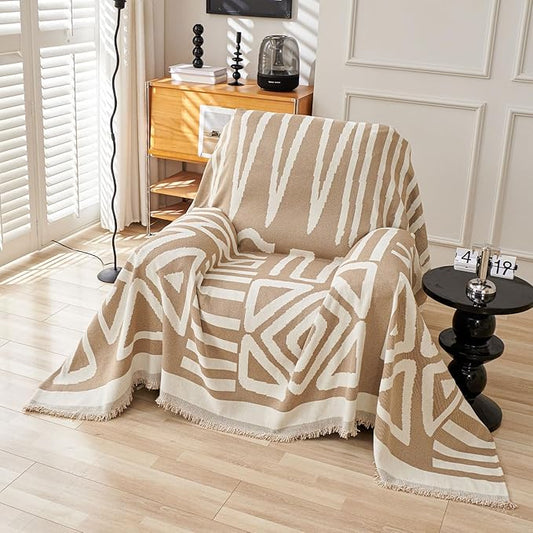 HANDONTIME Sofa Covers Armchair Boho Couch Cover for Dogs Khaki Throw Couch Cover with Tassel Chair Recliner Futon Cover Washable 1 Cushion Couch Non Slip Chenille Couch Protector, 71" X71"