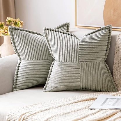 MIULEE Decorative Throw Pillow Covers for Couch Bed Livingroom 18x18 Inch Set of 2 Light Grey Boho Accent Throw Pllows Broadside Striped Patchwork Soft Corduroy Pillowcases