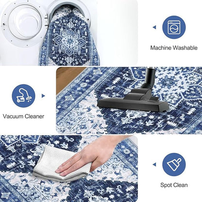 Yamaziot Washable Runner Rug, 2x8 Non-Slip Boho Vintage Hallway Rug Runner with Rubber Backing, Stain Resistant & Low Pile Faux Wool Distressed Carpet Runner for Bedroom, Kitchen, Laundry, Entrance