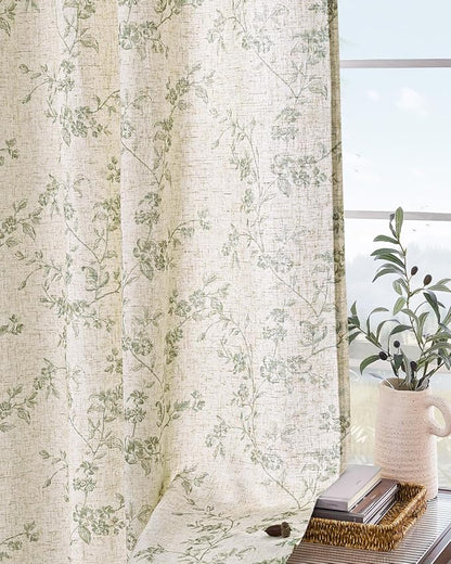 Lazzzy Farmhouse Linen Curtains Extra Long Green Floral Curtains 108 Inch Length Back Tab Drapes for Living Room Bedroom Light Filtering Country Vintage Rod Pocket, 2 Panels, Green on Beige