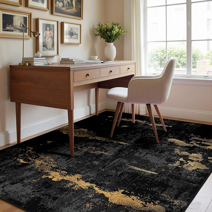 Washable Area Rugs 4'x6' Non-Slip Modern Abstract Soft for Living Room Entryway Bedroom Nursery, Print Pattern, Dark Black Gold