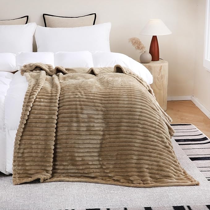 Tan Fleece Throw Blanket 90”×90” for Couch Sofa Bed,Super Soft Cozy Plush Microfiber Flannel Blanket with Stripes Design Lightweight for Adults,Woman,Girls