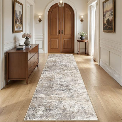 UERMEI 3X10 Washable Runner Rug for Hallway: Soft Neutral Modern Abstract Area Rug - Non-Slip Low Pile Long Throw Indoor Carpet for Kitchen Entryway Kitchen Bedroom Laundry- Brown Grey