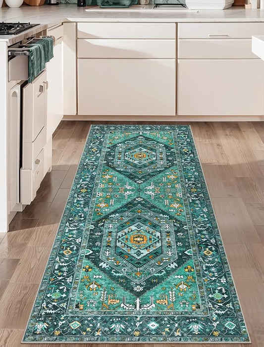 SERISSA Boho Washable Runner Rug, 2x6 Rug Runner Non-Slip Vintage Teal Hallway Kitchen Runner Rug Ultra Soft Print Distressed Tribal Floor Carpet Runner for Bedroom Bathroom Laundry Living Room
