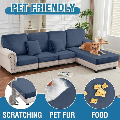 Couch Cover 3-Piece Elastic Velvet Couch Cushion Covers & Chaise Slipcovers for L-Shaped Sofas, Sofa Seat Covers Washable, Soft Cover for Couches (2 Seater + Chaise, Berlin Blue)