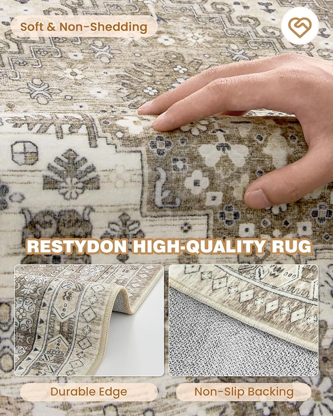 Carpet Runners for Hallway 12ft, Non-Slip Long Bathroom Rugs Runner for Kitchen, Living Room, Bedroom, Soft Vintage Washable Rug for Entryway, Thin Floor Mat for Dining Room(Brown,2.5'x12')