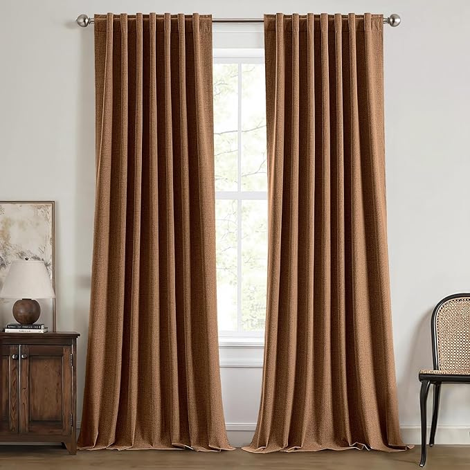 MIULEE 100% Blackout Linen Curtains for Bedroom, Brown Solid Luxury Decor Thermal Insulation Room Darkening Drapes for Living Room Nursery Back Tab Rod Pocket 42 x 96 Inches, 2 Panels