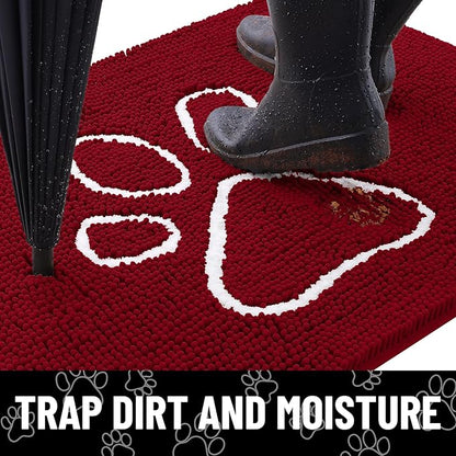 Smiry Dog Door Mat for Muddy Paws, Absorbent Dirt Trapper Non Slip Quick Dry Washable Chenille Mat for Mud Dogs, Entry Rug for Indoor and Outdoor (30x20 Inches, Red and White)