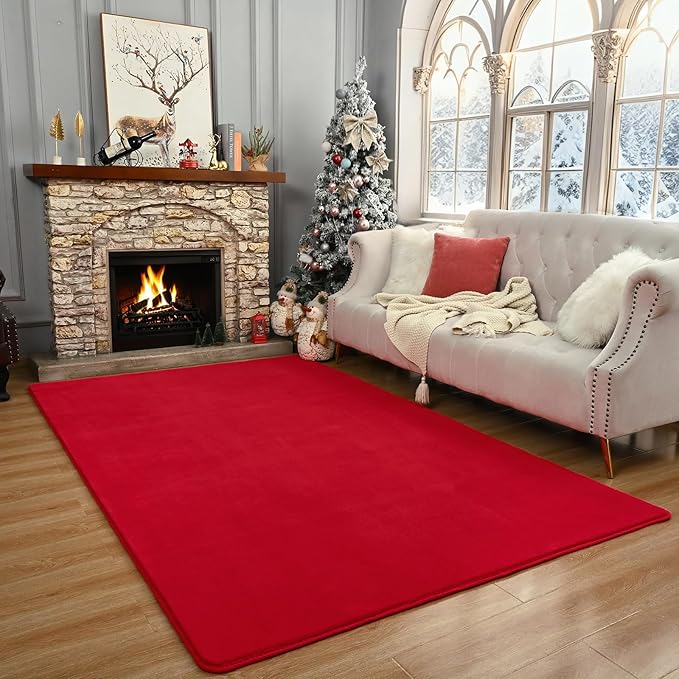 Amearea Large Modern Area Rugs for Bedroom Living Room, 5x8 Feet Red Thickened Memory Foam Rug, Fluffy Indoor Washable Rugs Non Slip Minimalist Carpet for Boys Girls Dorm Nursery Room Decor