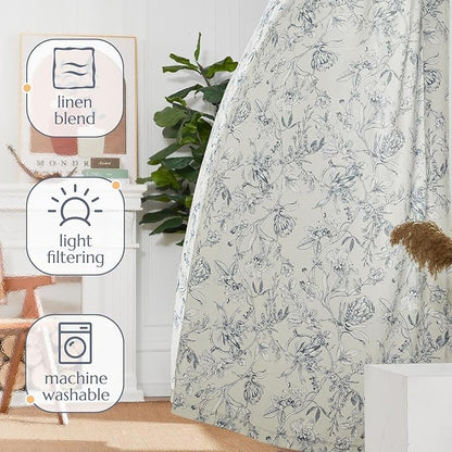 jinchan Floral Curtains 84 Inches Long Blue Flower Linen Farmhouse Curtain for Living Room French Country Vintage Curtain Rod Pocket Curtains Set 2 Panels Blue Floral Printed