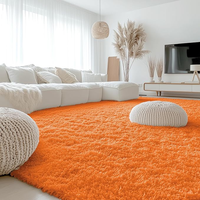 OLANLY 9x12 Machine Washable Large Area Rugs for Living Room, Bedroom, Soft Fluffy Shaggy Bedside Rug, Indoor Floor Carpet for Kids Girls and Boys, Dorms, Nursery, Home Decor Aesthetic, Orange