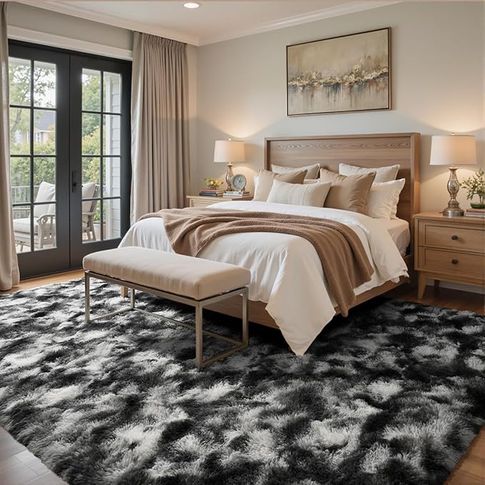 4x6 Ft Shag Area Rug for Bedroom Living Room, Tie-Dyed Ultra Soft Fluffy Furry Rugs for Indoor Floor, Aesthetic Carpet for Kids Home Decor (Black Grey)