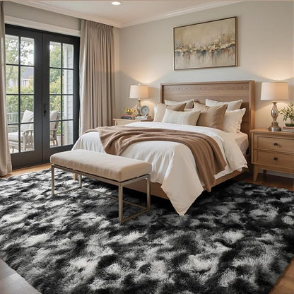 4x6 Ft Shag Area Rug for Bedroom Living Room, Tie-Dyed Ultra Soft Fluffy Furry Rugs for Indoor Floor, Aesthetic Carpet for Kids Home Decor (Black Grey)