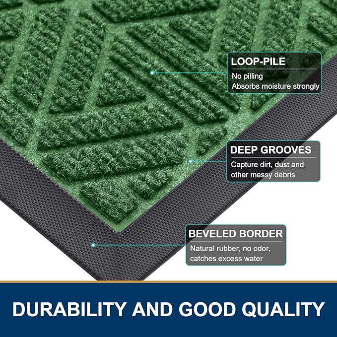 Smiry Front Door Mat Outside Entrance, Heavy Duty Sturdy Natural Rubber Doormat, Trap Dirt and Moisture, Easy Clean Low Profile Mats for Indoor Outdoor Entry, Grid Geometric (35x23, Green)