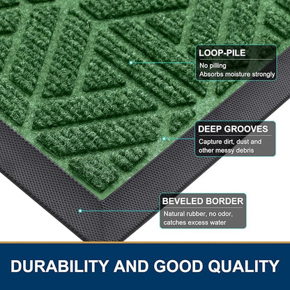 Smiry Front Door Mat Outside Entrance, Heavy Duty Sturdy Natural Rubber Doormat, Trap Dirt and Moisture, Easy Clean Low Profile Mats for Indoor Outdoor Entry, Grid Geometric (35x23, Green)