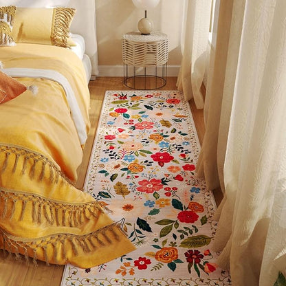 Rugcomf 2x5 Rug Runner - Floral Machine Washable Kitchen Rug, Non-Slip Low Pile Boho Carpet for Hallways, Laundry, Entryway, Bedroom, Bathroom - Beige