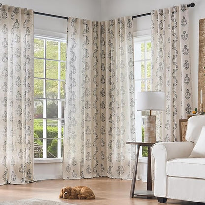 jinchan Linen Floral Curtains for Living Room 84 Inch Length Black Flower Cottage Core Farmhouse Curtains Rod Pocket Back Tab Boho Semi Sheer Window Drapes Bedroom Set 2 Panels Black on Beige