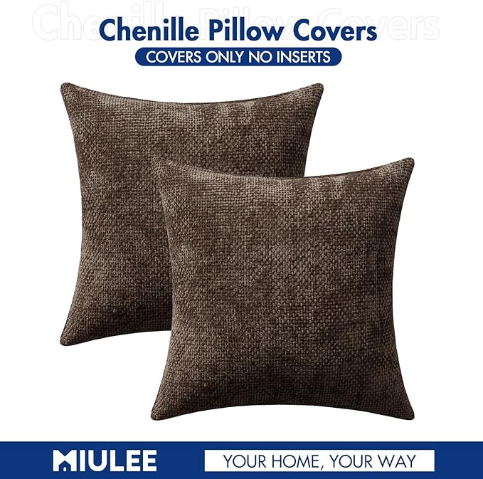 MIULEE Pack of 2 Couch Throw Pillow Covers 24x24 Inch Neutral Dark Brown Boho Accent Decorative Pillow Covers Soft Chenille Farmhouse Cushion Covers for Home Decor Bed Sofa Living Room