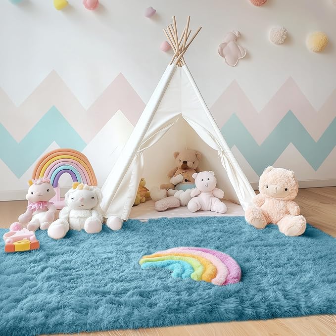 OLANLY Area Rugs for Living Room Bedroom, Machine Washable 4x5.9 ft Soft Fluffy Shaggy Bedside Rug, Indoor Floor Carpet for Kids Girls and Boys, Dorms, Nursery Rooms, Home Decor Aesthetic, Slate Blue