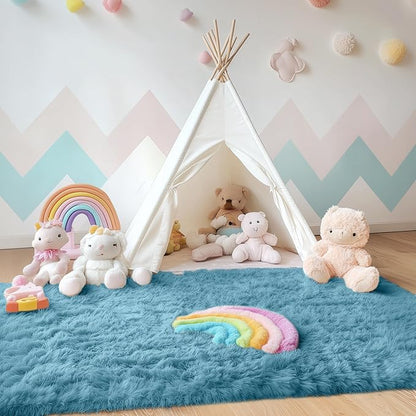 OLANLY Area Rugs for Living Room Bedroom, Machine Washable 4x5.9 ft Soft Fluffy Shaggy Bedside Rug, Indoor Floor Carpet for Kids Girls and Boys, Dorms, Nursery Rooms, Home Decor Aesthetic, Slate Blue