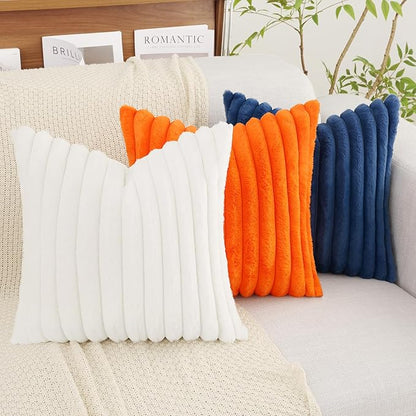 decorUhome Summer Cozy Faux Fur Throw Pillow Covers 24x24 Set of 2 Decorative Soft Plush Striped Modern Farmhouse Boho Couch Euro Sham Pillow Cases with Velvet Back for Sofa Bed Living Room, White