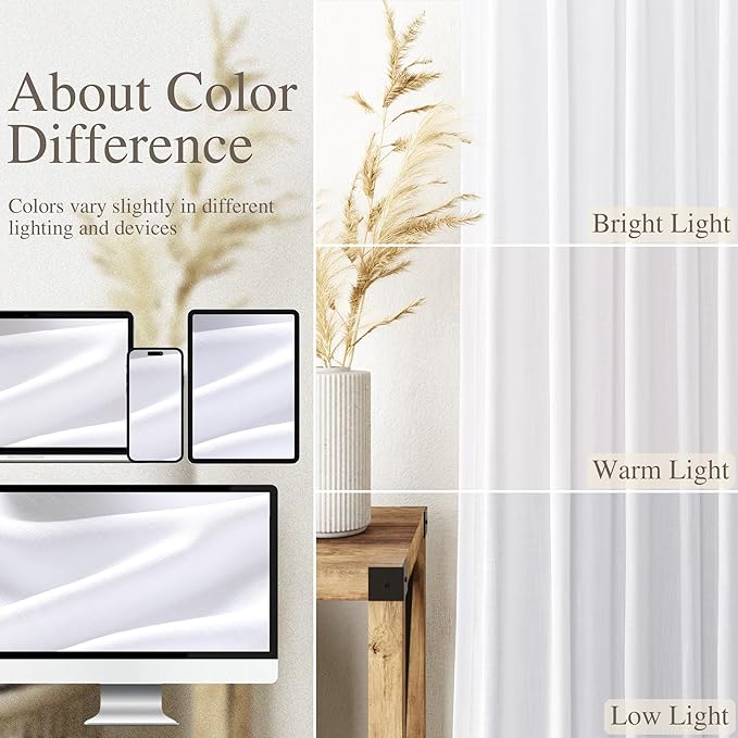 Snow White Linen Curtains 108 Inches Long for Living Room Light Filtering Semi Sheer Curtain Back Tab Luxury Neutral Modern Farmhouse Decor Floor to Ceiling High Window for Bedroom 52x108,2 Panels