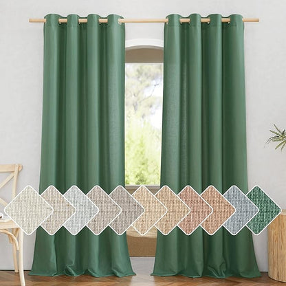 NICETOWN Olive Green Curtains 84 inch Length 2 Panels, Grommet Linen Blend Privacy Added Thick Flax Boho-Chic Light Filtering Semi Sheer Window Drapes for Home Office/Living Room, W55 x L84