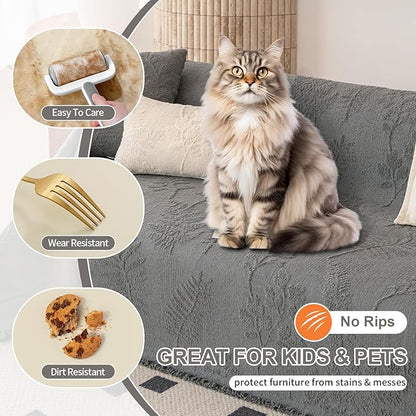 HANDONTIME Washable Couch Covers for Sofa Boho Couch Covers for 3 Cushion Sofa Pet Friendly Grey Chenille Jacquard Couch Protector for Dogs Plant Branch Sectional Cover Sofa Slipcovers, 71" X 118"