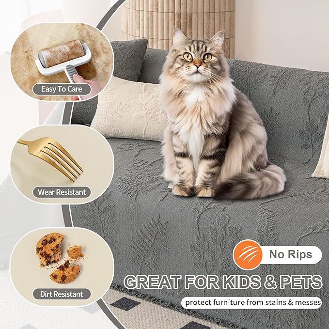 HANDONTIME Washable Couch Covers for Sofa Boho Couch Covers for 3 Cushion Sofa Pet Friendly Grey Chenille Jacquard Couch Protector for Dogs Plant Branch Sectional Cover Sofa Slipcovers, 71" X 150"