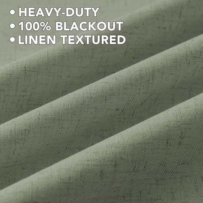H.VERSAILTEX Linen Curtains 100% Blackout Curtains for Bedroom 63 inch Long Full Light Blocking Nature Linen Blended Window Curtains for Living Room Nickel Grommet (2 Panels, Heathered Dried Sage)