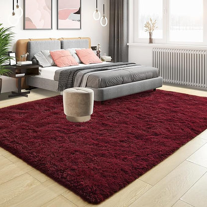 Tepook Soft Fluffy Rugs for Bedroom, 4x6 Area Rug for Living Room, Modern Shaggy Room Rug for Kids Boys Girls, Plush Throw Rugs Indoor Nursery Home Decor Rug with Non-Slip Bottom, Burgundy Red