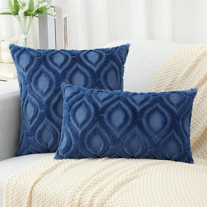 decorUhome Throw Pillow Covers 12x20 Inch Set of 2, Soft Plush Faux Wool Dark Blue Solid Couch Pillow Covers, Accent Farmhouse Neutral Rectangle Pillow Cases for Sofa Bed Living Room