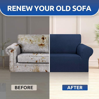 KEKUOU Stretch Loveseat Sofa Cover Slipcover,Couch Covers for 2 Cushion Couch Sofa (55"-78") Furniture Protector Sofa with Elastic Bottom for Kids,Dog. Jacquard Small Checked (Medium,Navy Blue)