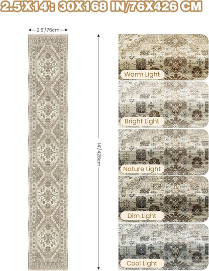 Washable Runner Rug 2.5x14, Non-Slip Long Kitchen Mats for Floor, Vintage Rug for Entryway, Soft Hallway Runner for Dining Room, Bedroom, Living Room(Brown,2.5'x14')