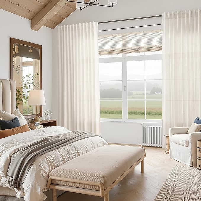 Nanspring Modern Linen Curtains for Living Room 80 Inches Long Light Filtering Semi Sheer Curtain Back Tab Neutral Luxury Modern Farmhouse Decor Linen Blend Drapes for Bedroom 52x80, 2 Panels
