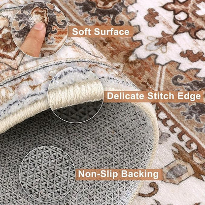 Yamaziot Washable Runner Rug, 2x10 Non-Slip Boho Vintage Hallway Rug Runner with Rubber Backing, Low Pile Faux Wool Distressed Carpet Runner for Bedroom, Kitchen, Laundry, Entrance, Ginger Grey