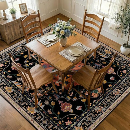 RELEANY Area Rugs Square 8ft Washable Non-Slip, Floral Vintage Distress Print Pattern Medallion Carpet for Living Room Bedroom Dining Room, Black Colorful Floral Dark Tan