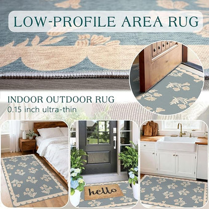 Floral Outdoor Rug - 28" x 43" Front Door Mat Indoor Outside Entrance Non-Slip Washable Outdoor Mat Blue Farmhouse Scalloped Rug for Entryway Kitchen Bedroom Layered Doormat for Front Porch