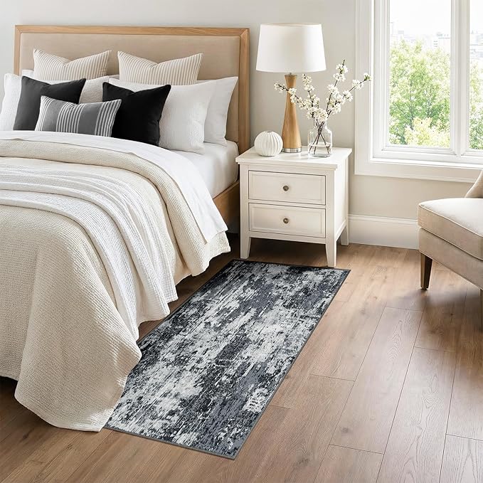 Washable Area Rugs 3x6 Non-Slip Modern Abstract Soft for Living Room Entryway Bedroom Nursery, Print Pattern, Black Navy Blue Gray